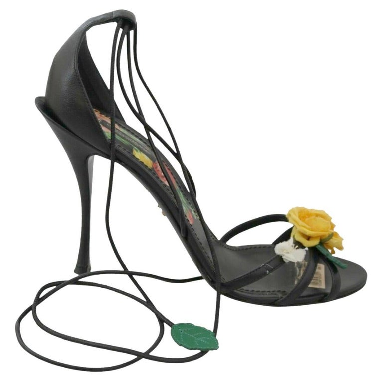 Dolce and Gabbana pre owned black with multicolour floral leather strap  sandals For Sale at 1stDibs