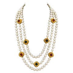 1984 Chanel Triple Stand Pearl Necklace with Gripoix Jewels
