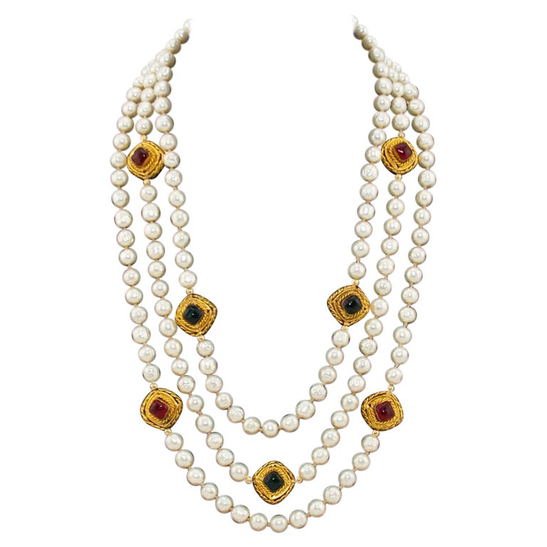 Collier De Perles 3 Branches - Couleur Blanc Et Or, Neuf Avec étiquettes