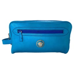 Used 1990s Gianni Versace Blue Medusa Medallion Clutch Bag Travel Toiletry with Tag