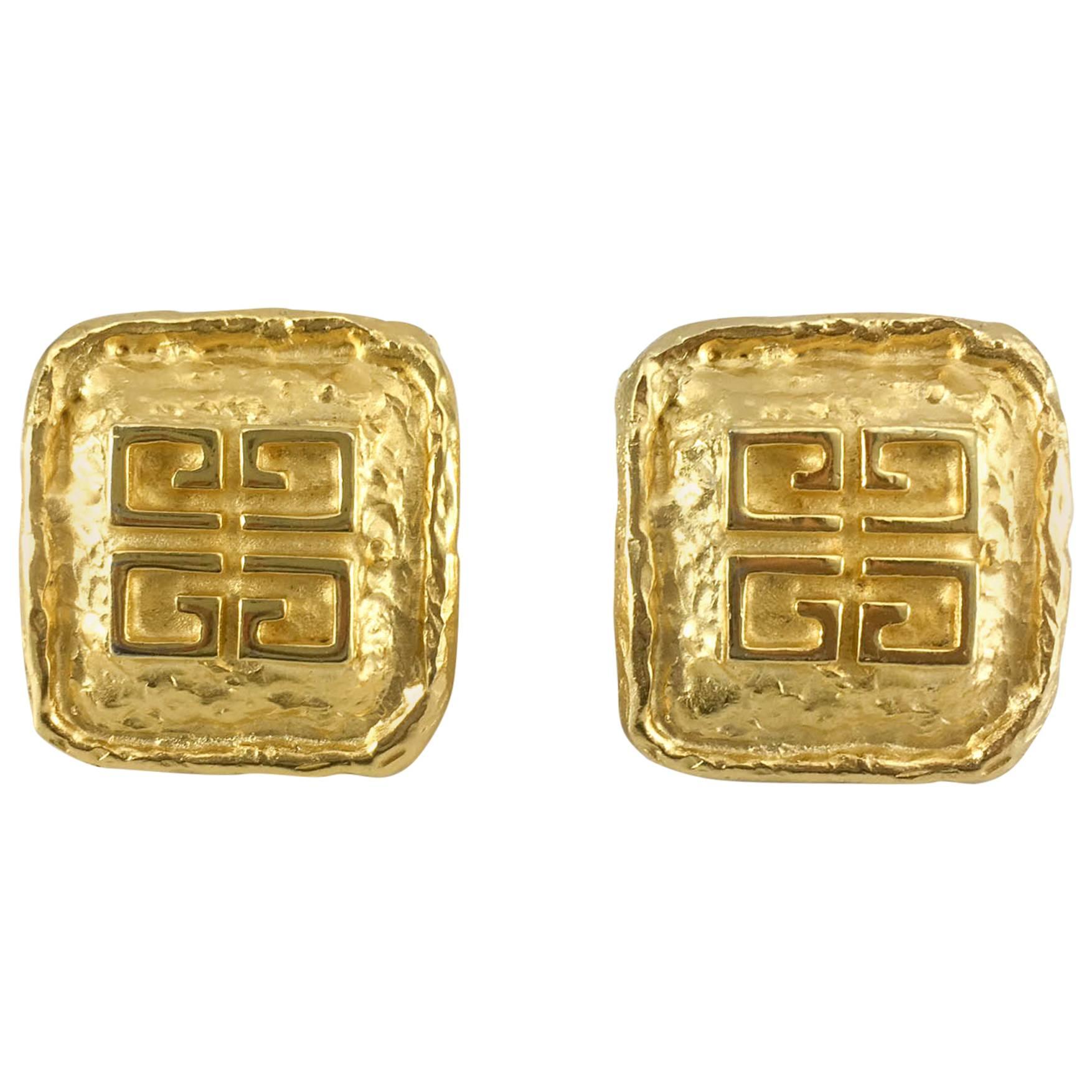 Givenchy Gold-Plated Logo Earrings - 1980s For Sale