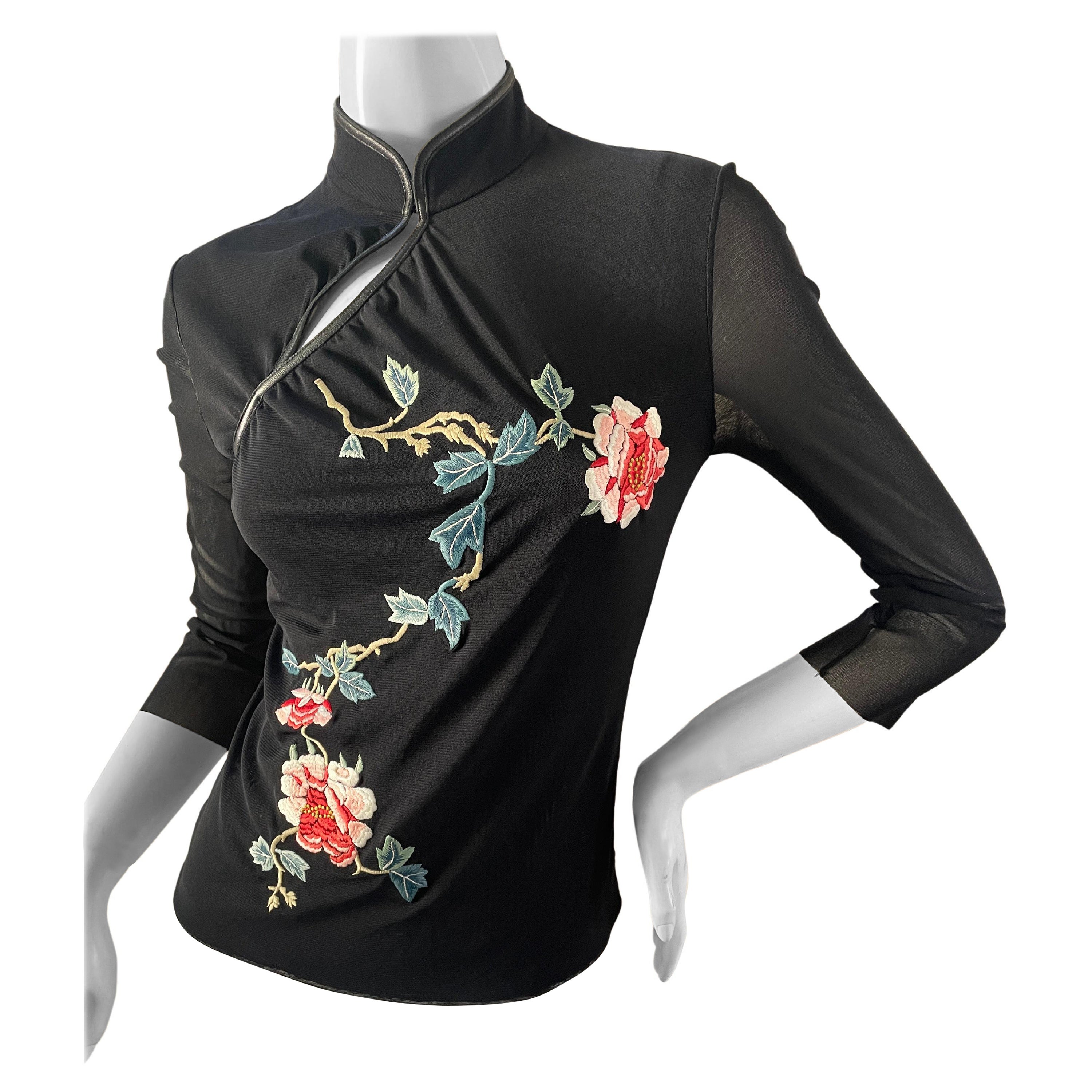 Vivienne Tam Vintage Cheongsam Style Black Top with Embroidered Flowers For Sale