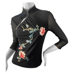 Vivienne Tam Vintage Cheongsam Style Black Top with Embroidered Flowers
