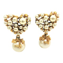 Heart clip on earring with many faux pearls, signed Guy Laroche Paris 1990s