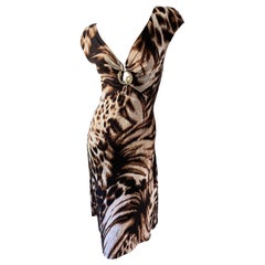 Roberto Cavalli Vintage Plunging Animal Print Cocktail Dress with Snake Ornament