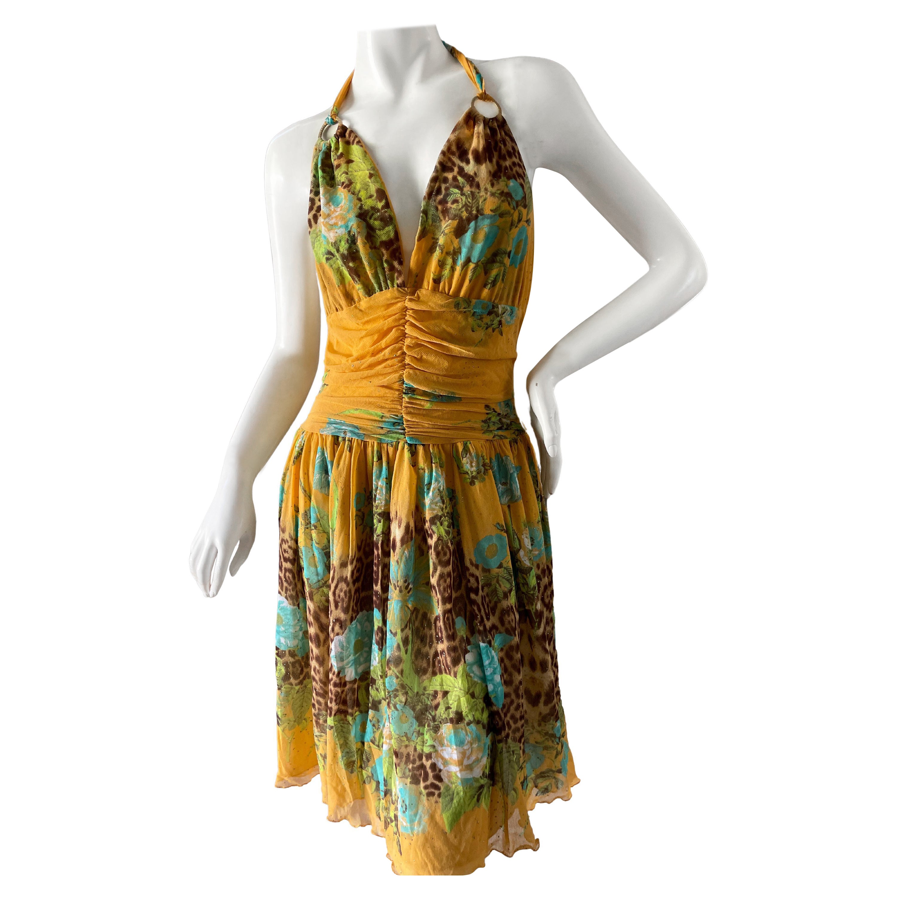 Class Cavalli Plunging Vintage Yellow Leopard Floral Print Dress For Sale