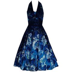 Retro 1950's Hawaiian Tropical-Hibiscus Blue Floral Print Cotton Halter Sun Dress