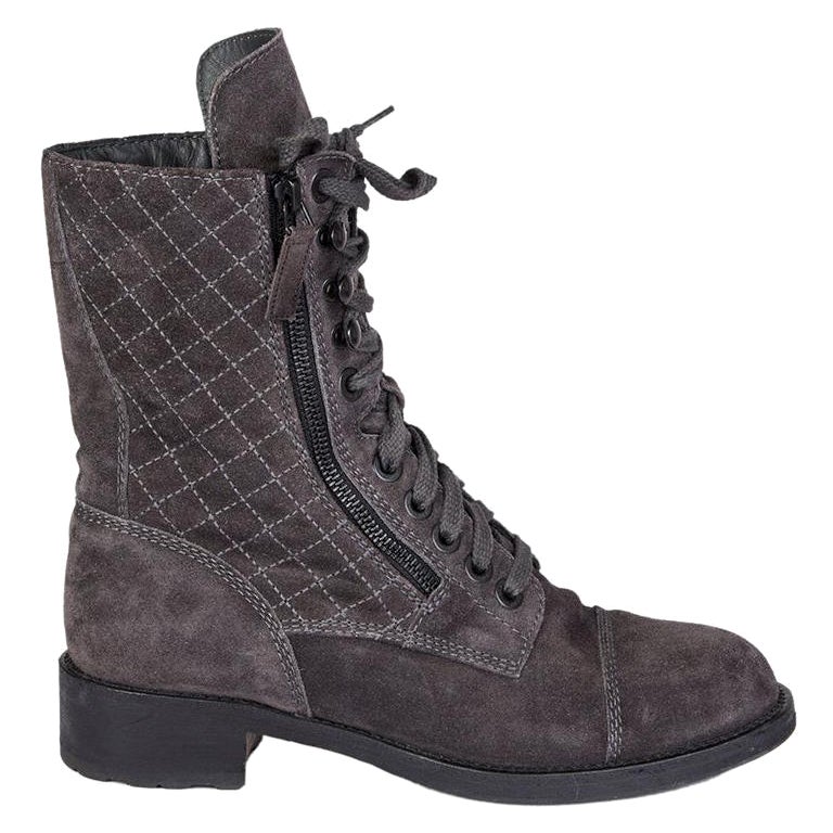 CHANEL grey QUILTED suede ZIP Combat Boots Shoes 38.5