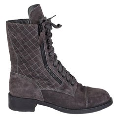 CHANEL grey QUILTED suede ZIP Combat Boots Shoes 38.5