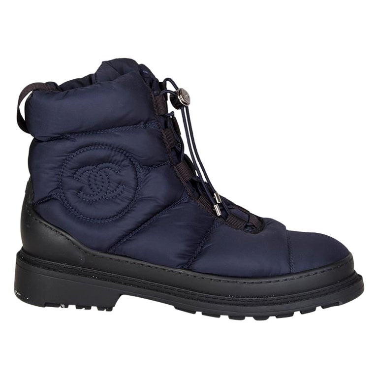 CHANEL navy blue nylon DOWN Ankle SNOW Boots Shoes 37 at 1stDibs