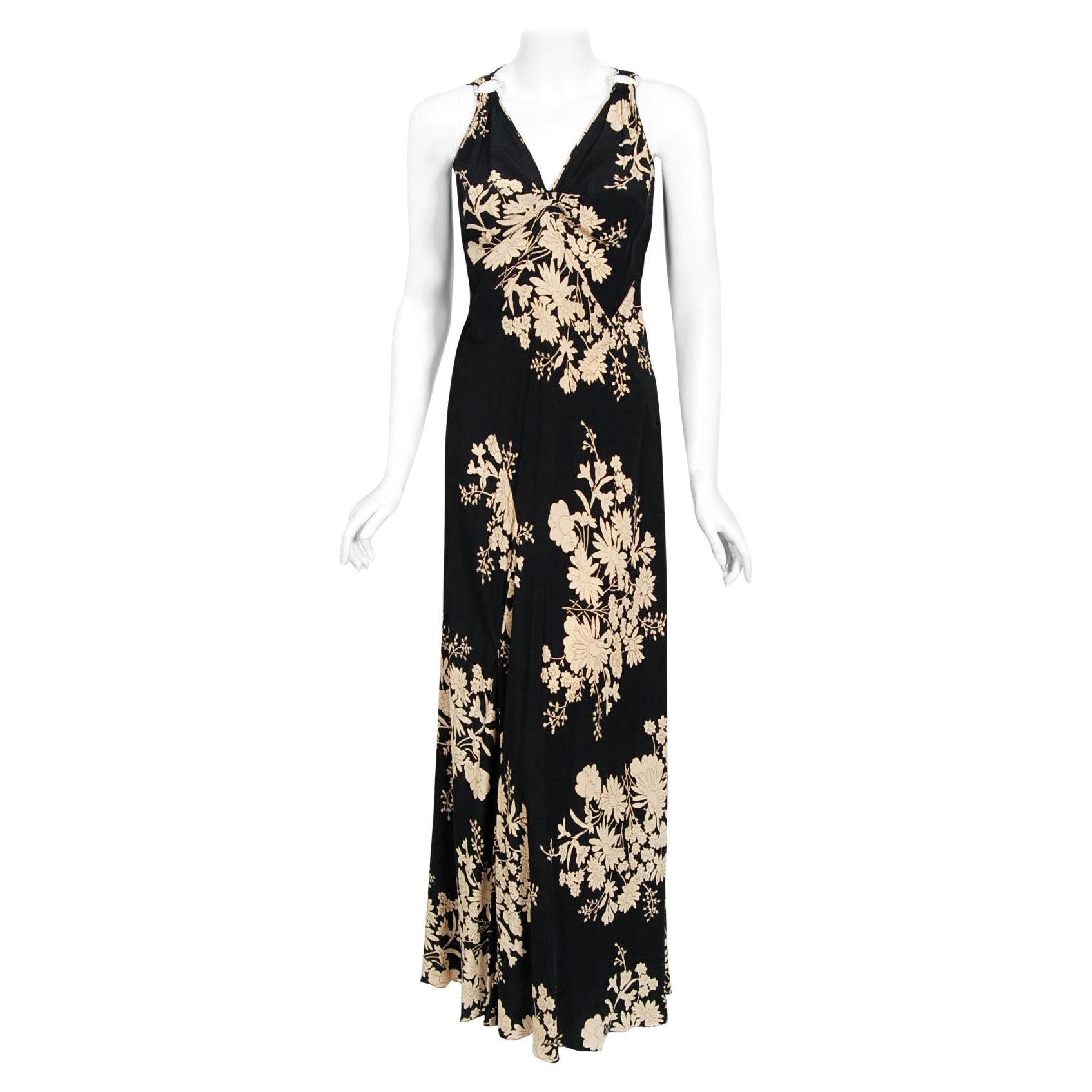 Vintage 1930's Black & Cream Floral Print Silk Sleeveless Bias-Cut Deco Gown