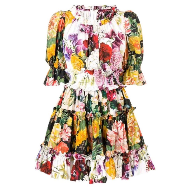Dolce and Gabbana multicolour floral print pleated a-line cotton women mini  dress For Sale at 1stDibs