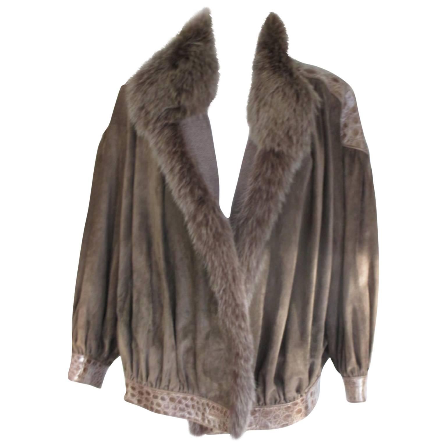 suede jacket with fox fur collar and trim snake print