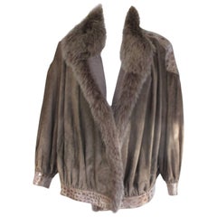 Vintage suede jacket with fox fur collar and trim snake print