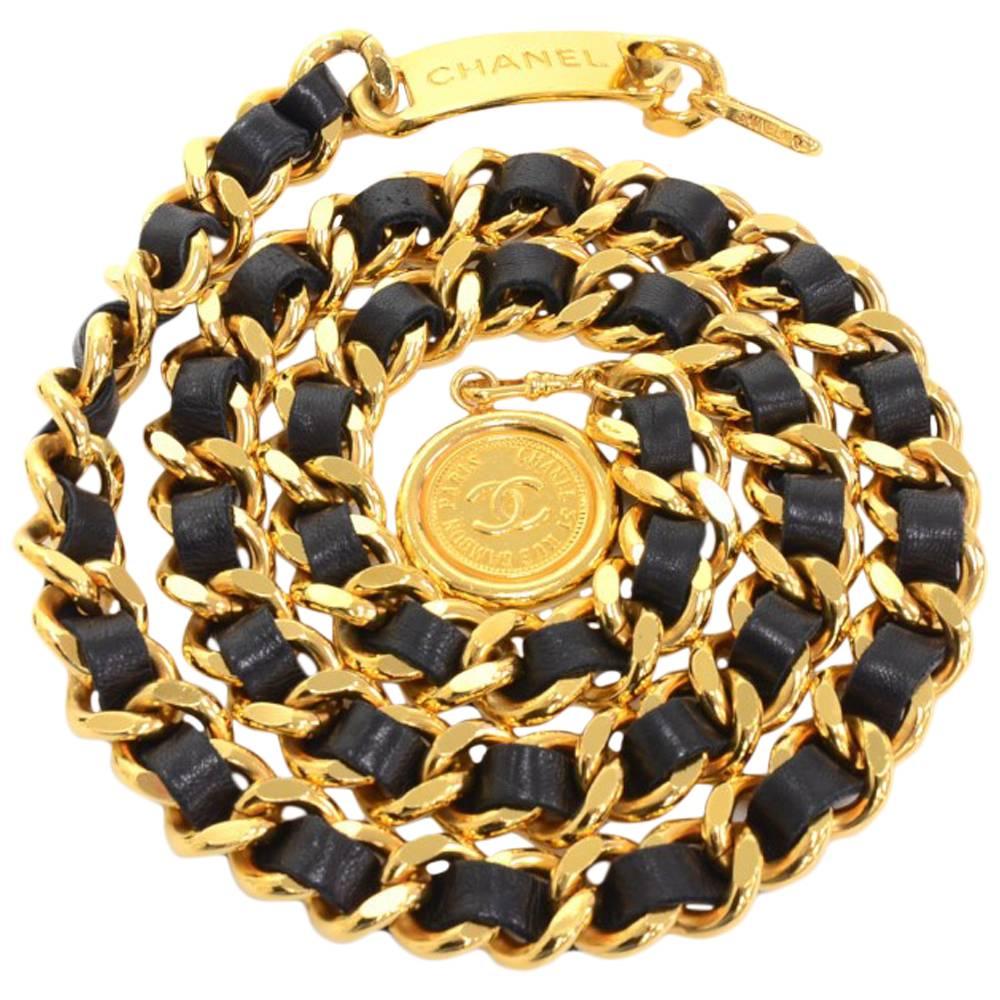 Chanel Vintage Black Leather Gold Chain Link CC Coin Medallion Belt / Necklace