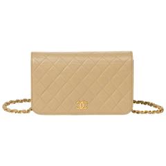 Vintage Shoulder Flap Bag Quilted Beige Leather