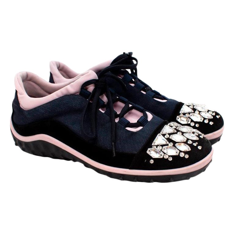 Miu Miu Navy & Light Pink Rhinestone Toe Lace Up Sneakers For Sale