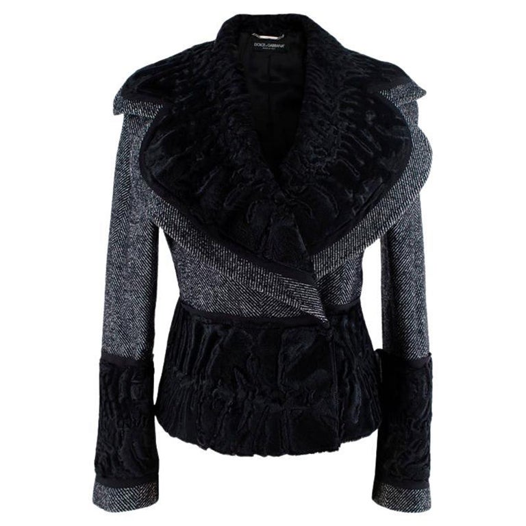 Dolce and Gabbana Astrakhan and Herringbone Tweed Jacket For Sale at 1stDibs