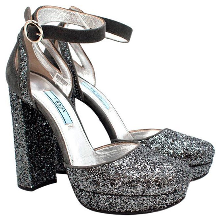 Prada Metallic Grey Glitter and Suede Ankle Strap Platform For Sale at  1stDibs | prada glitter shoes, prada glitzer, prada sparkle shoes