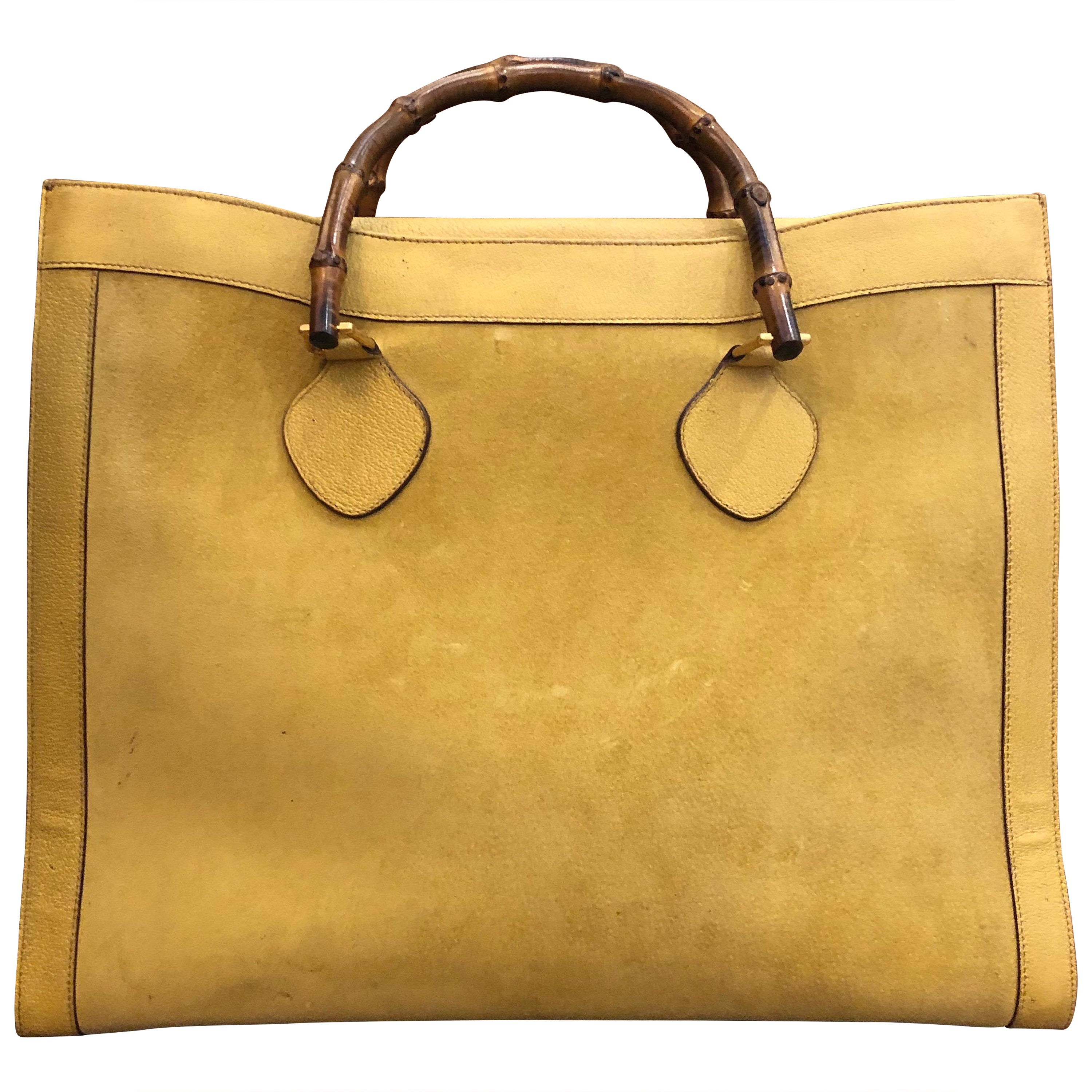 1990s Vintage GUCCI Yellow Suede Leather Bamboo Tote Gucci Diana Tote (Large)