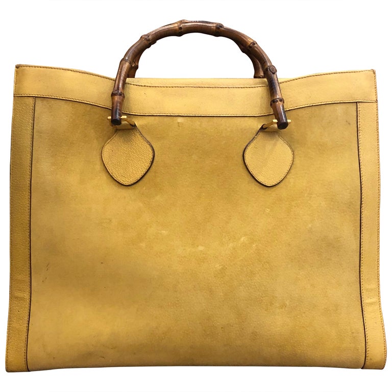 1990s Vintage GUCCI Yellow Suede Leather Bamboo Tote Gucci Diana Tote  (Large) at 1stDibs
