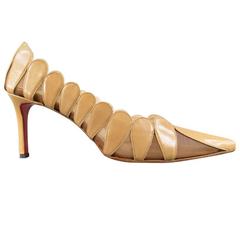 CHRISTIAN LOUBOUTIN Size 7 Tan Beige Leather Scalloped Mesh Cutout Pumps