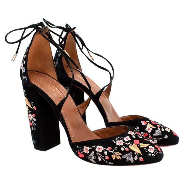 Aquazzura Black Suede Embroidered D'Orsay Heeled Sandals For Sale