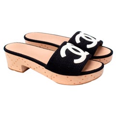 Chanel Black Airtex CC Leather Logo Applique Wooden Sandals