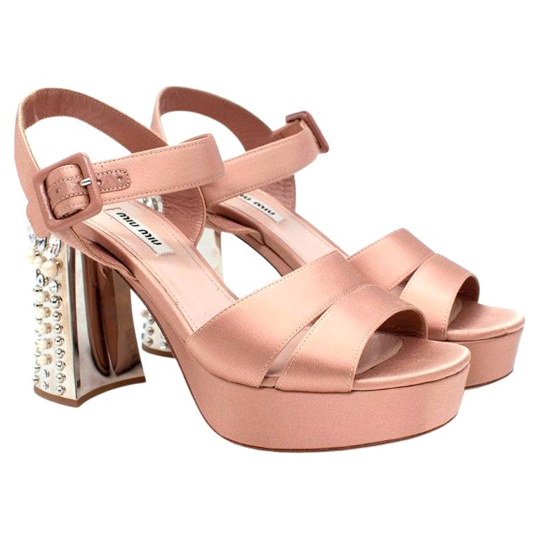 Miu Miu Powder Pink Satin Faux Pearl & Crystal Block Heeled Sandals For Sale