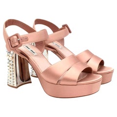 Miu Miu Powder Pink Satin Faux Pearl & Crystal Block Heeled Sandals