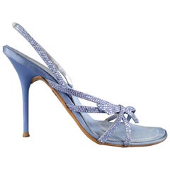 RENE CAOVILLA 10 Light Blue Swarovski Crystal Bow Strap Silk Slingback Sandals