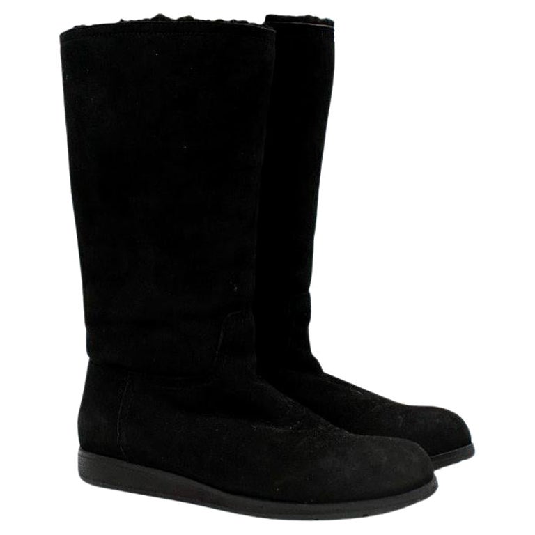 Prada Black Suede & Shearling Lined Flat Boots For Sale