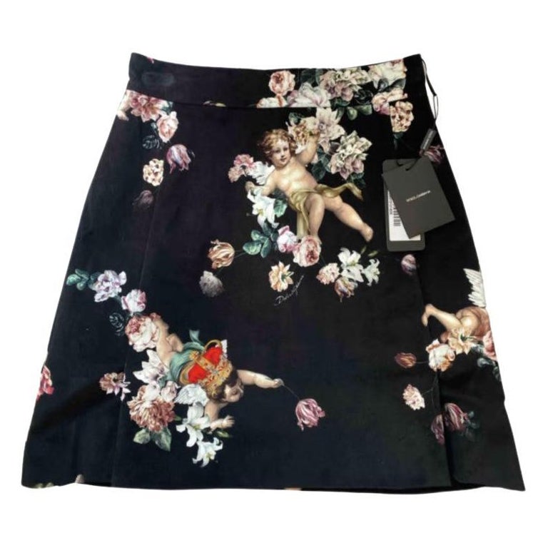 Dolce & Gabbana Black Multicolor Cotton Angels Floral Mid-length A-line Skirt 