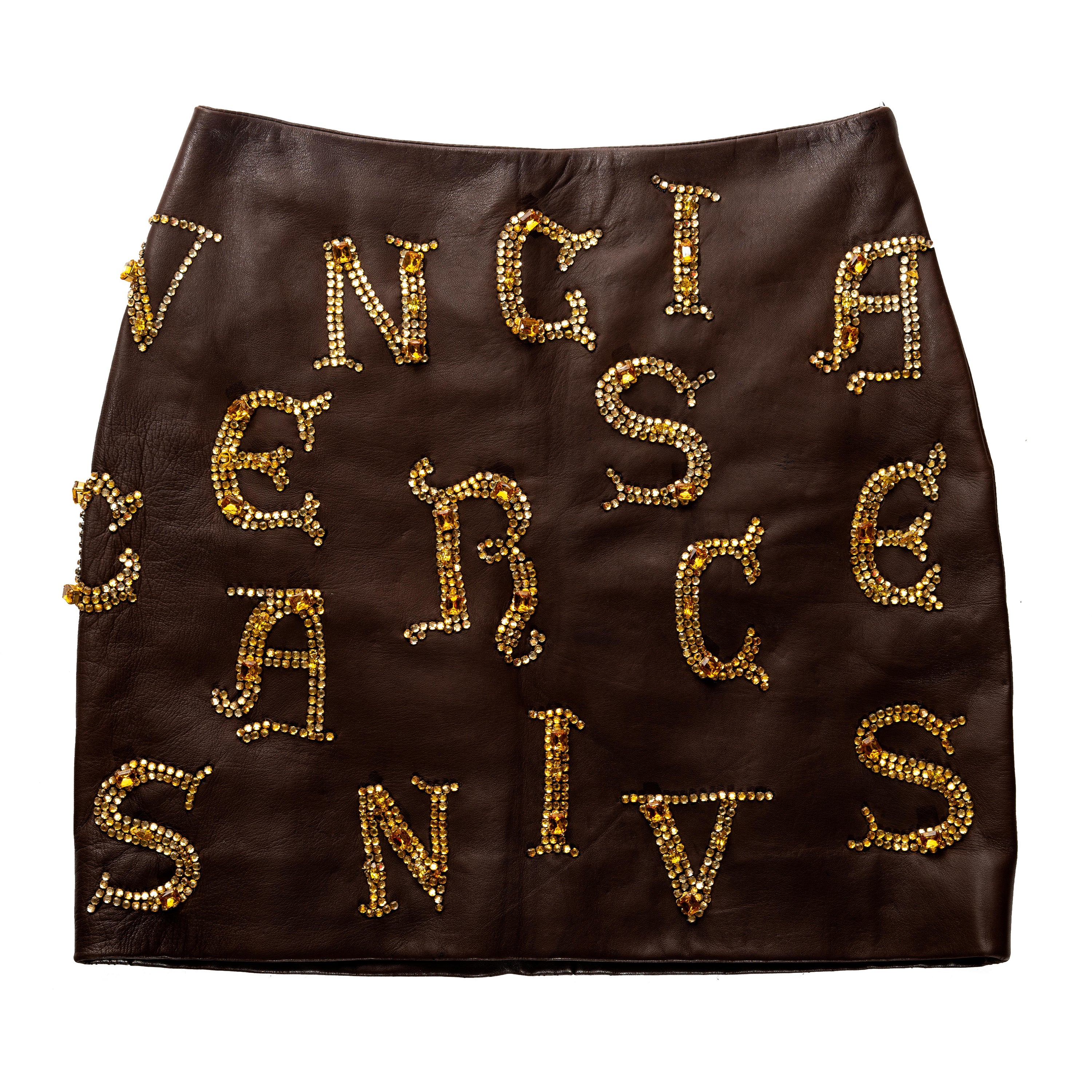 Atelier Versace brown leather skirt with gold crystal calligraphy, fw 1997 For Sale