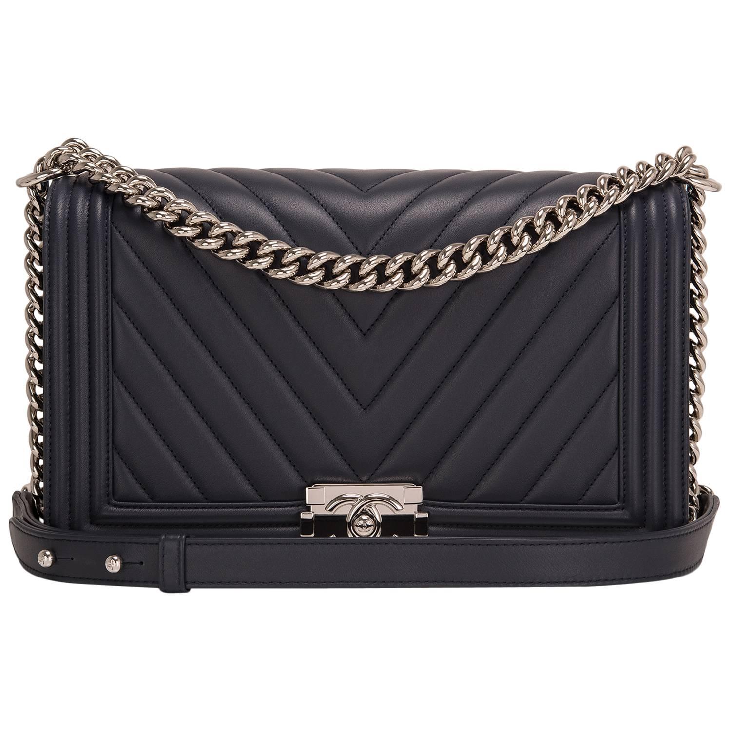 Chanel Navy Chevron Quilted Lambskin New Medium Boy Bag For Sale