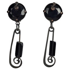 Vintage BABYLONE PARIS Black Safety Pin Rhinestone Dangling Earrings