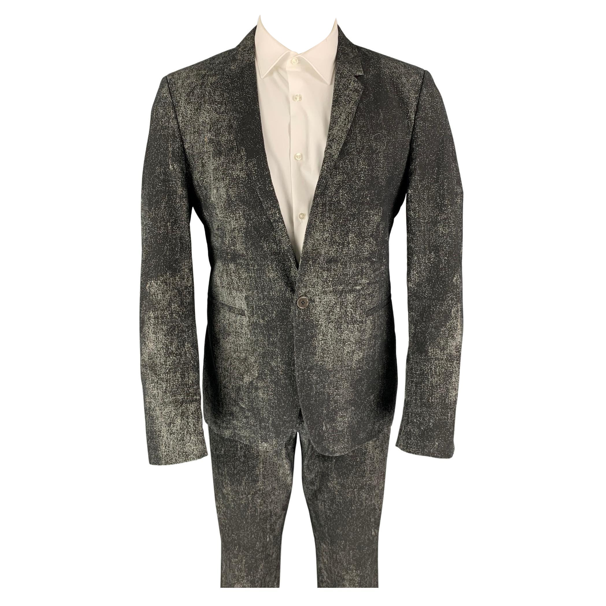 CALVIN KLEIN COLLECTION Size 38 Black & Grey Splattered Cotton Blend Notch Lapel