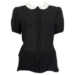 SAINT LAURENT black silk SHEER WHITE COLLAR SHORT SLEEVE Shirt Blouse S