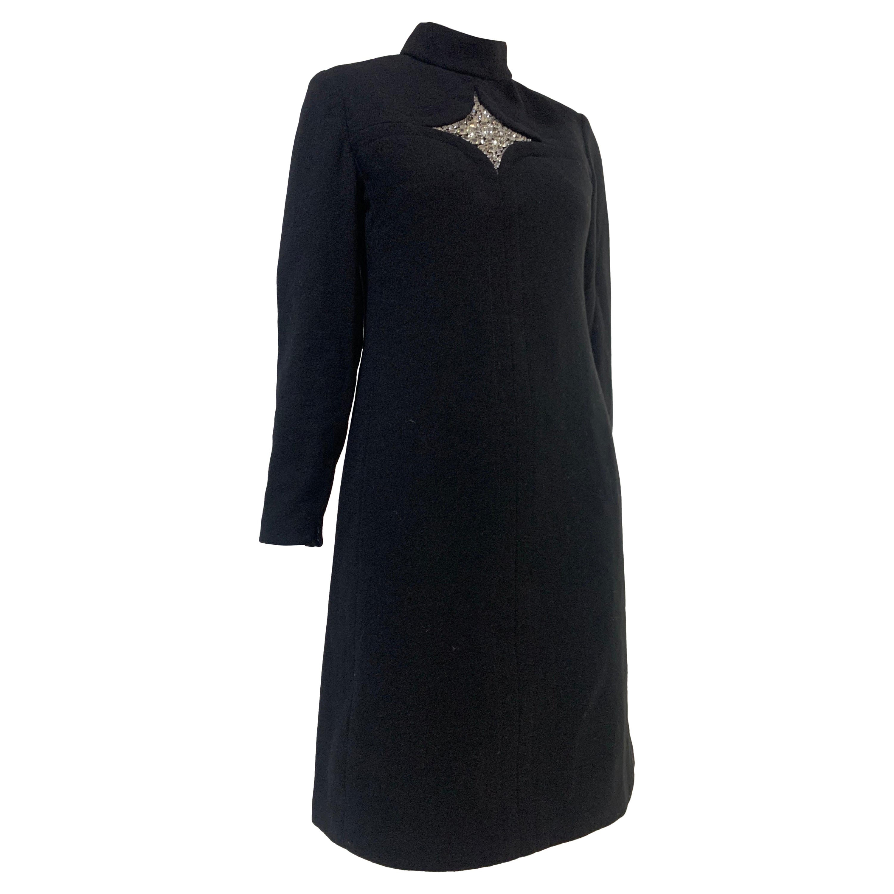 1960s Mod Wool Crepe Tailored Cocktail Dress w/ Rhinestone Star Inset at Center For Sale