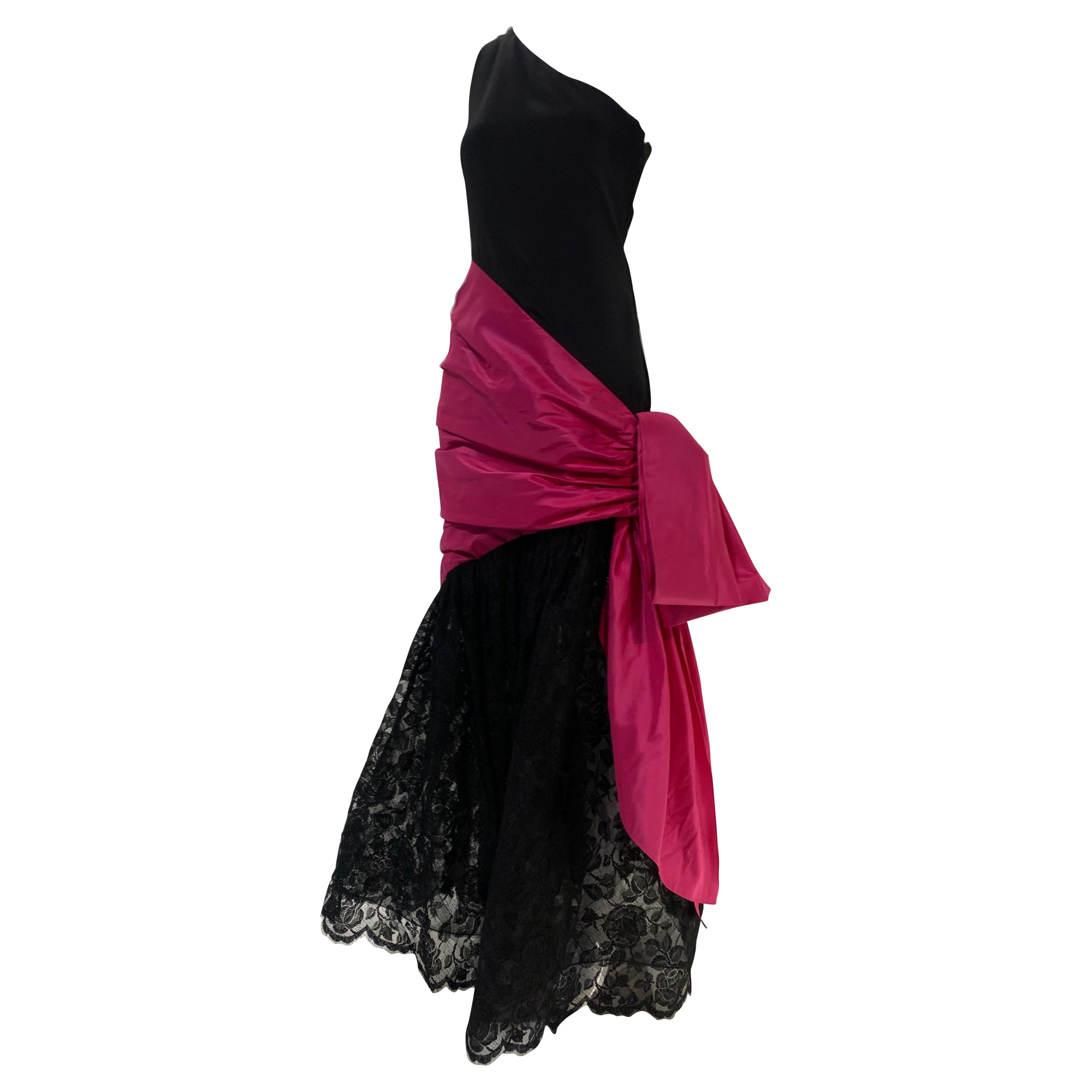 1980 Bill Blass Black Silk Crepe One-Shoulder Gown w/ Lace Skirt and Fuchsia Bow For Sale