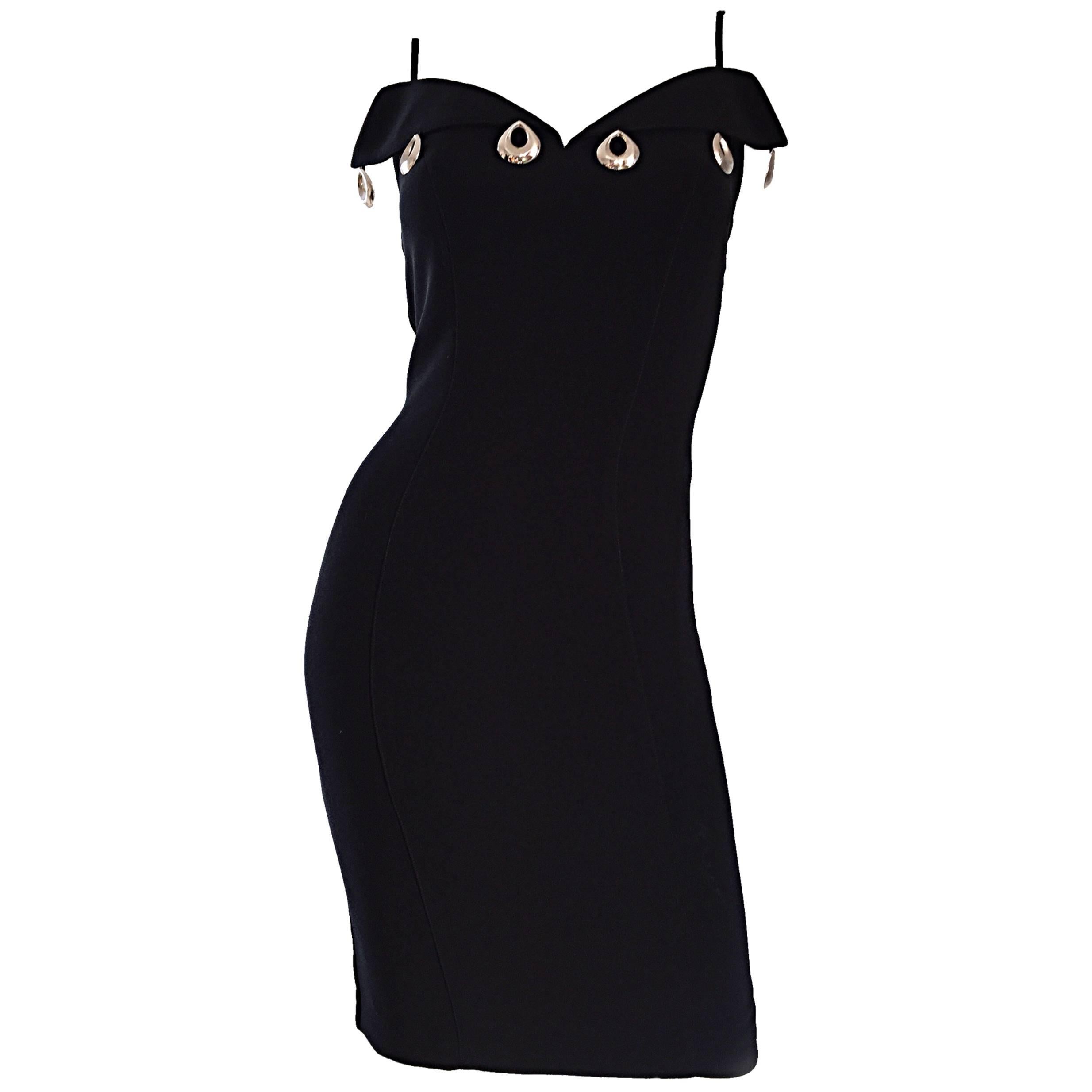 Sexy Vintage Thierry Mugler Black Avant Garde Bodycon Dress w/ Silver Hoops LBD For Sale