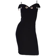 Sexy Vintage Thierry Mugler Black Avant Garde Bodycon Dress w/ Silver Hoops LBD 8