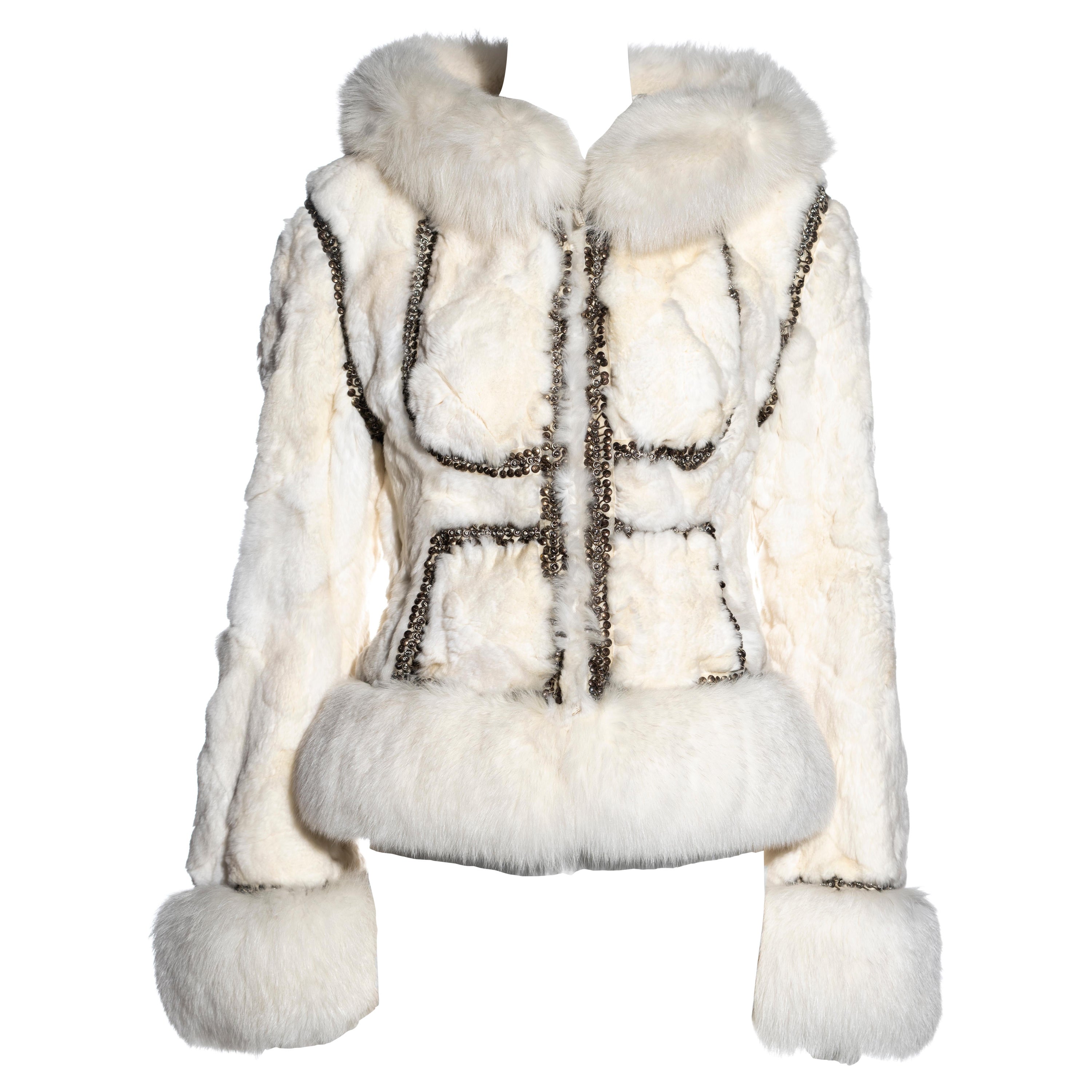 Alexander McQueen white patchwork rabbit and fox fur embroidered jacket, fw 2003 For Sale