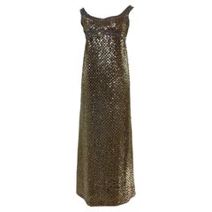 1960s Mod Empire Waist Gown in Gold Sequin Lattice and Iridescent Rhinestones