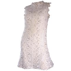 Amazing 1960s Demi Couture White Hand Crochet Rhinestone Vintage A - Line Dress 