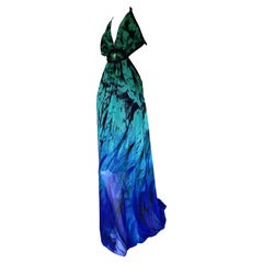 Roberto Cavalli Cut Out Chiffon Parrot Feather Print Vintage Evening Dress