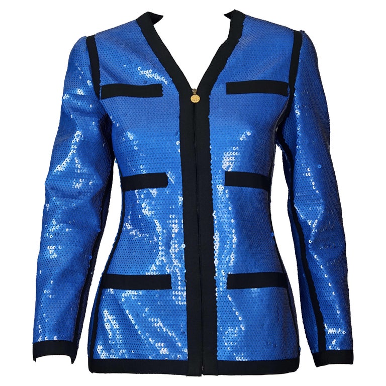 Vintage 1991 CHANEL Blue Sequin Scuba Jacket For Sale