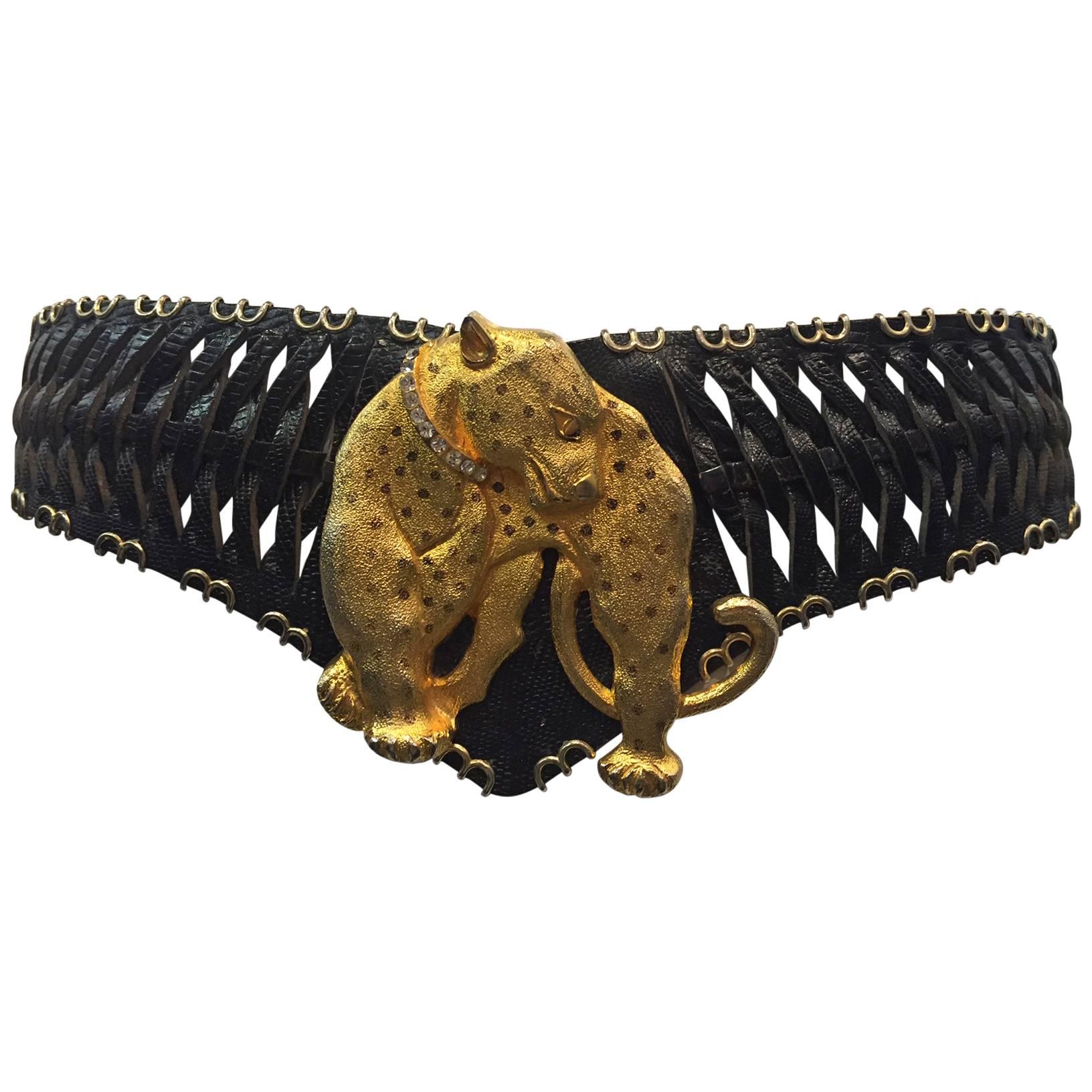 1985 José Cotel Black Woven Leather Hip Belt w/ Gold-Tone Leopard 