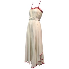 1970s Ungaro Parallele Muslin Peasant-Style Maxi Dress w/ Red Braid Trim