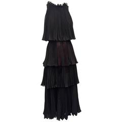 1970s Jean Varon Pleated and Tiered Crepe Chiffon Evening Gown